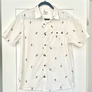 Hurley White Short-Sleeve Button-Down Shirt with Small Multicolor Surfing Prints